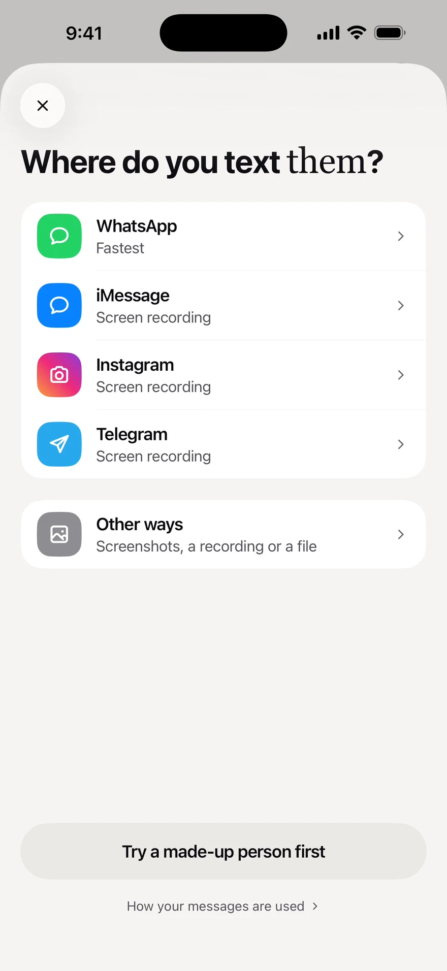 Pretake’s import screen: Where do you text them? WhatsApp, iMessage, Instagram, Telegram, other ways.