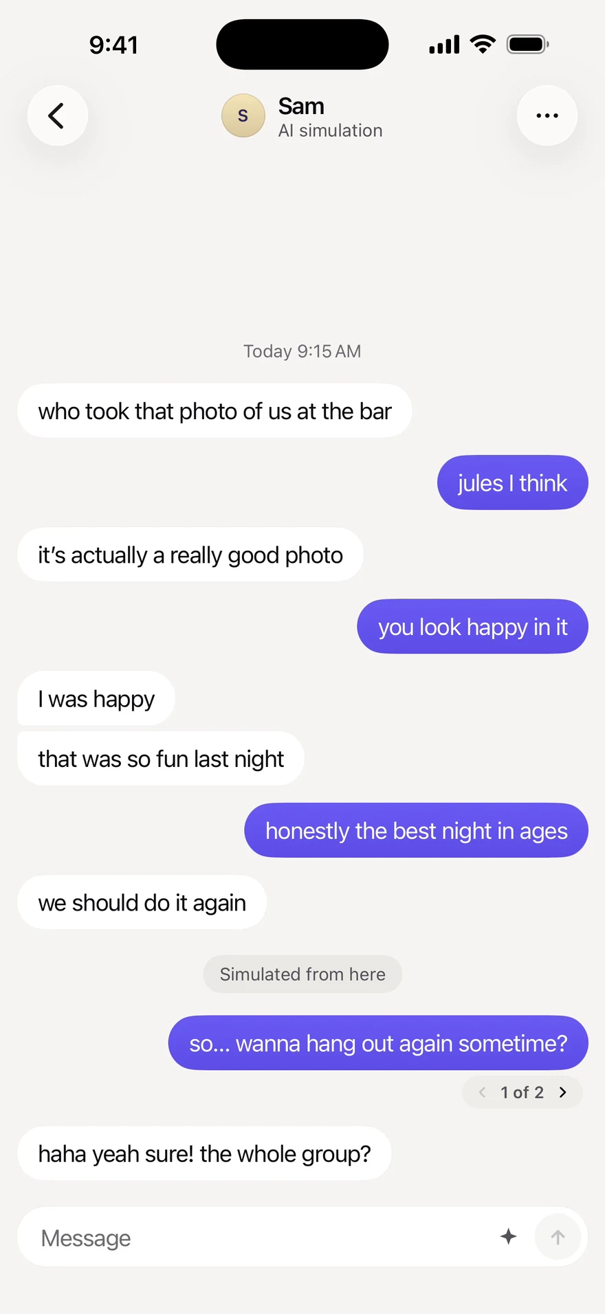 Pretake chat with Sam, an AI simulation. Take 1: “so… wanna hang out again sometime?” gets “haha yeah sure! the whole group?”