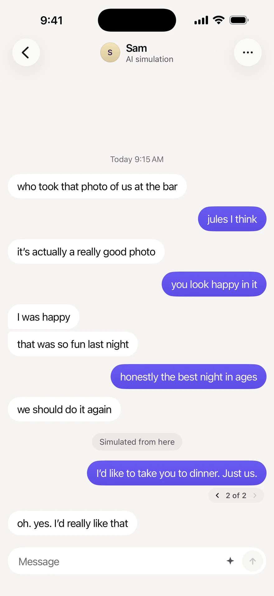 The same chat, take 2: “I’d like to take you to dinner. Just us.” gets “oh. yes. I’d really like that”